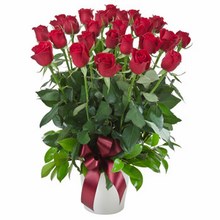 Arrangement of 24 Red Roses in a Ceramic Pot