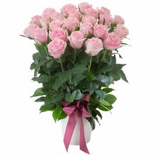 Arrangement of 24 Pink Roses in a Ceramic Pot