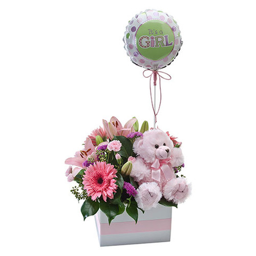 Flower Box with a Teddy Bear and Balloon