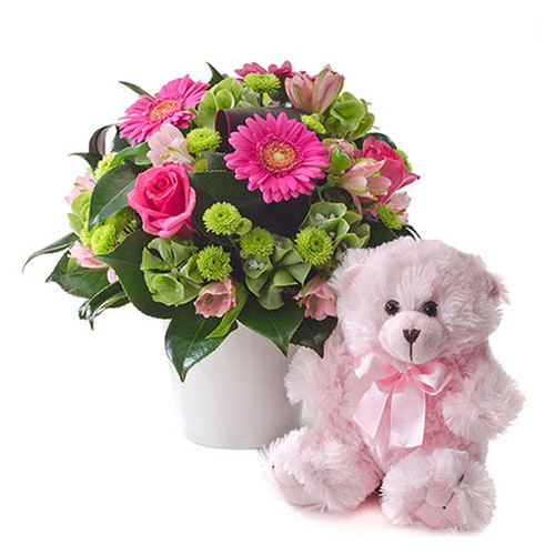 Bright Mixed Arrangement with a Teddy Bear