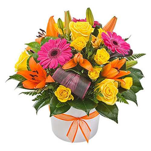 Bright Mixed Arrangement in a Ceramic Container