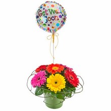 Mixed Gerberas in a Ceramic Container with a Balloon