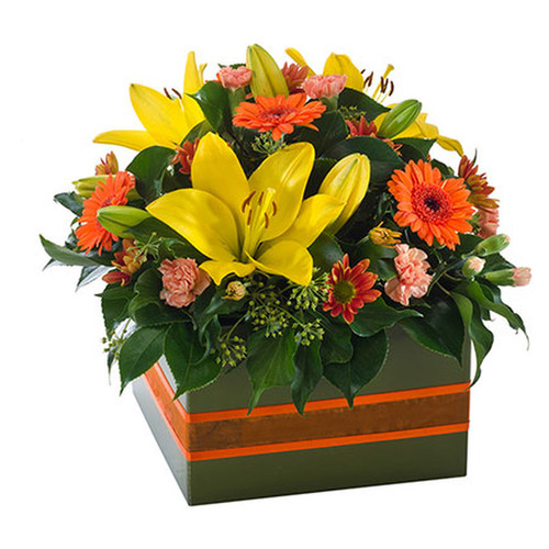 Bright and cheery box arrangement