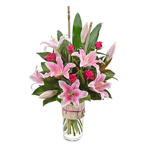 Modern Bouquet of Oriental Lilies & Roses in a Vase